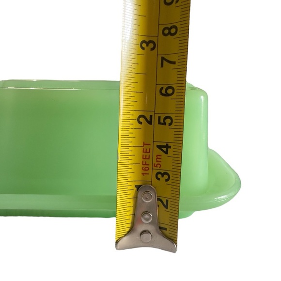 TPC Jadeite Butter Dish Green Glass Covered Tray Criss Cross Striped Retro - Picture 8 of 9